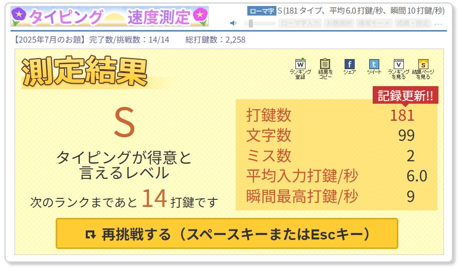 1秒当たりの平均入力打鍵数6.0