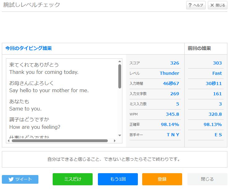 スコアは326でレベルはThunder