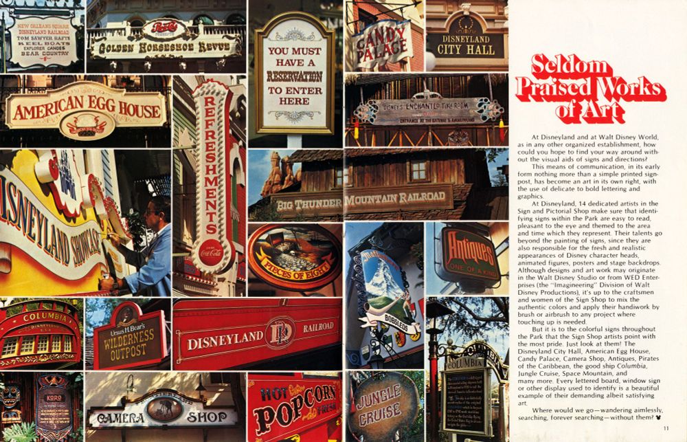 Two-page spread from Vacationland magazine shows a variety of hand-painted Disneyland signs.