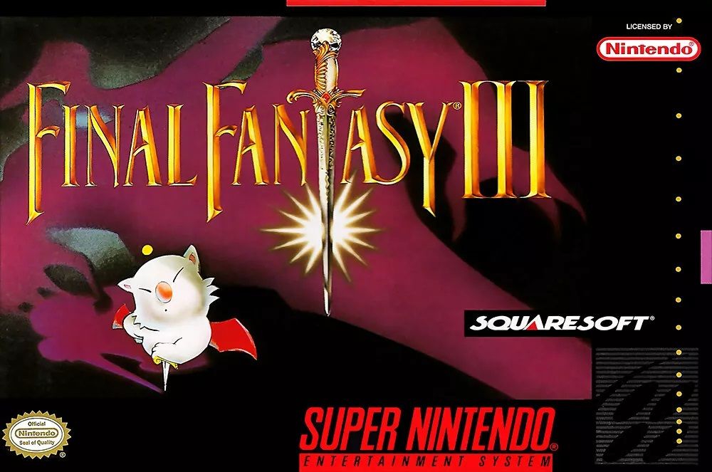 The cover art for the Super Nintendo version of Final Fantasy 3. The art has a Moogle on it and a purple shadow of a monster is in the background.