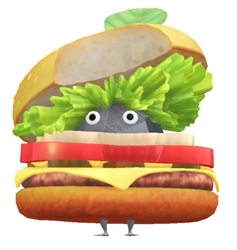 A Rock Pikmin with Hamburger decoration from the game Pikmin Bloom. The rock pickmin is a metallic-gray angular stone. The hamburger has a top and bottom bun with a bite taken out of it. There is green lettuce, white onion, red tomato, green pickles, yellow cheese, and a brown hamburger patty on the burger. The Pikmin's leaf is poking out the top of the bun, and its feet are sticking out the bottom of the bun.
