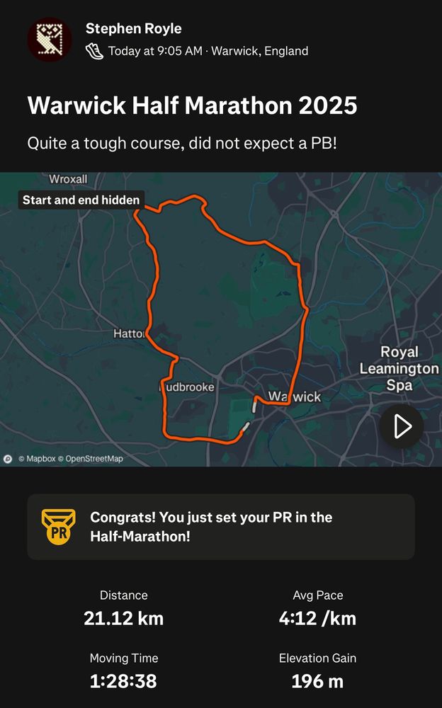 Strava screenshot showing the course on a map - circular route from Warwick racecourse - and my time 1:28:38