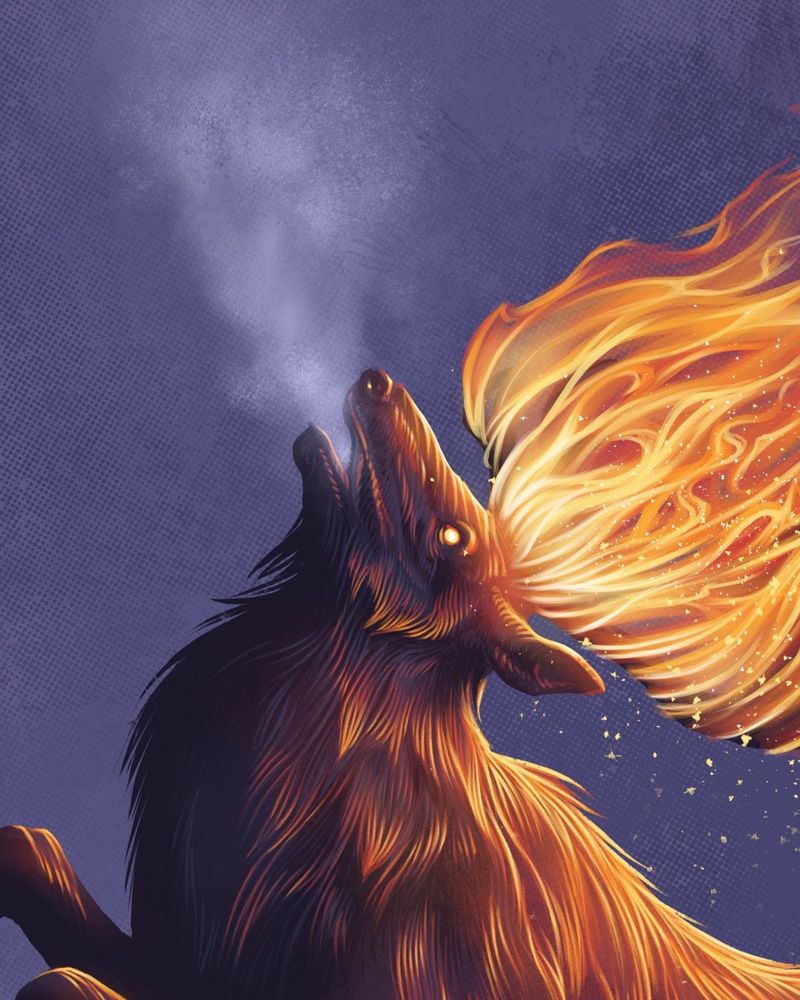 This is a detail of a print of an elk, running with its antlers on fire, over a purple background.