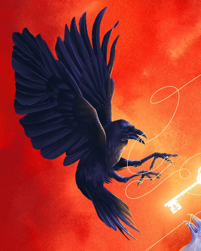 A detail of a print of two ravens,  focusing on a black one.