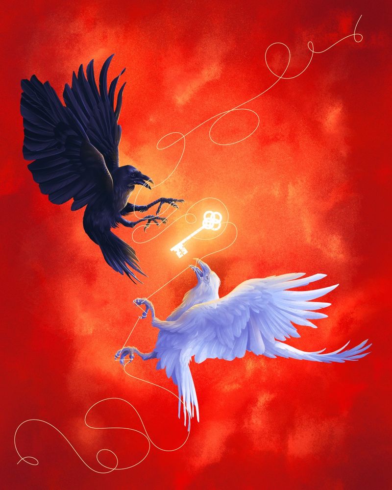 A print of two ravens, one black and the other white, fighting over a key made of light, tied by a golden thread.