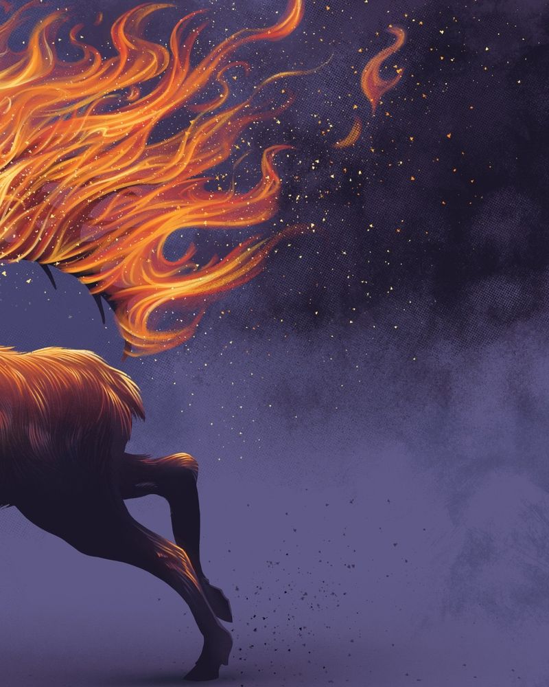 This is a detail of a print of an elk, running with its antlers on fire, over a purple background.
