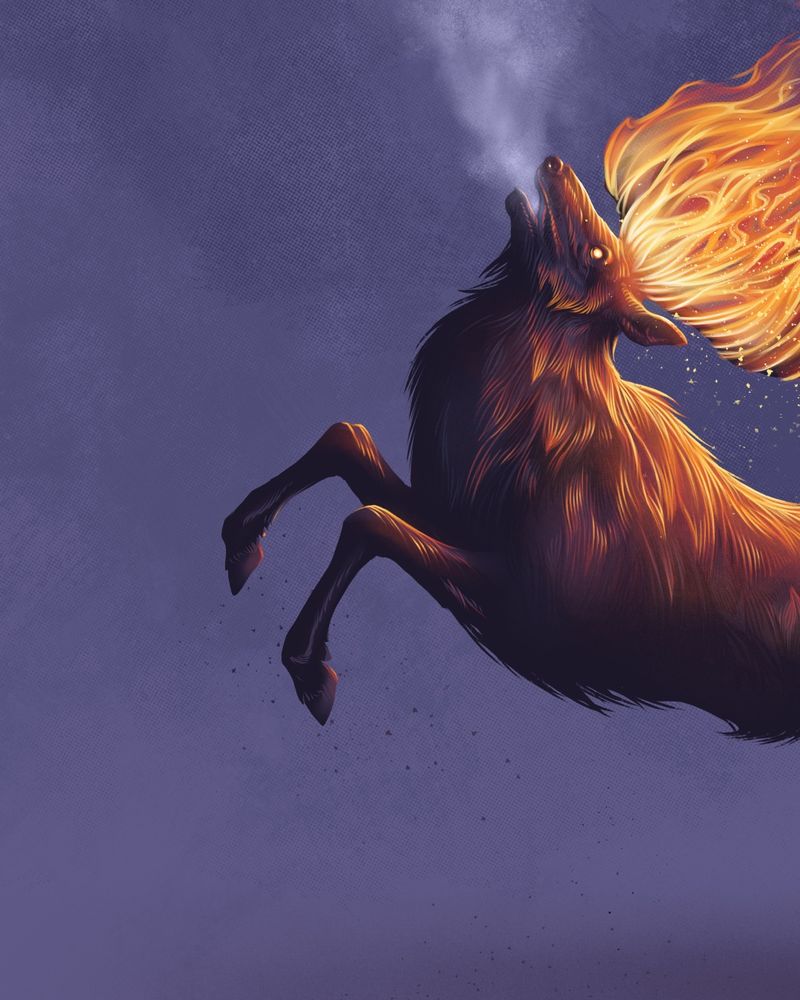 This is a detail of a print of an elk, running with its antlers on fire, over a purple background.