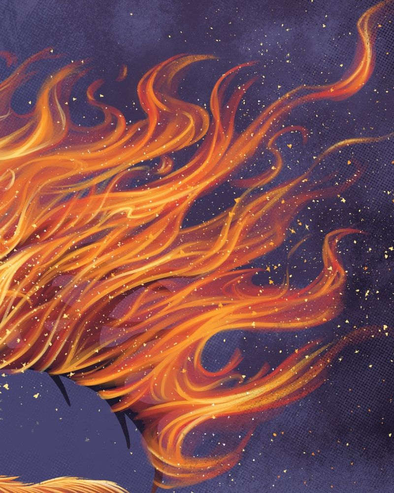 This is a detail of a print of an elk, running with its antlers on fire, over a purple background.