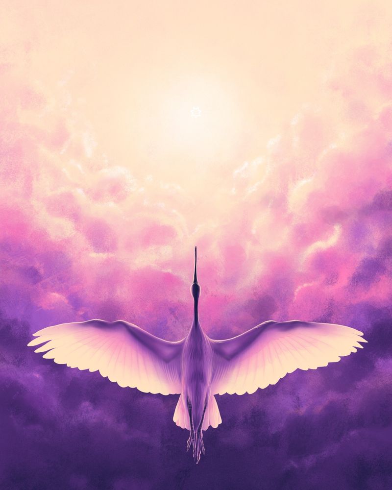 An image of an Ibis flying towards the sun, in tones of purple and yellow