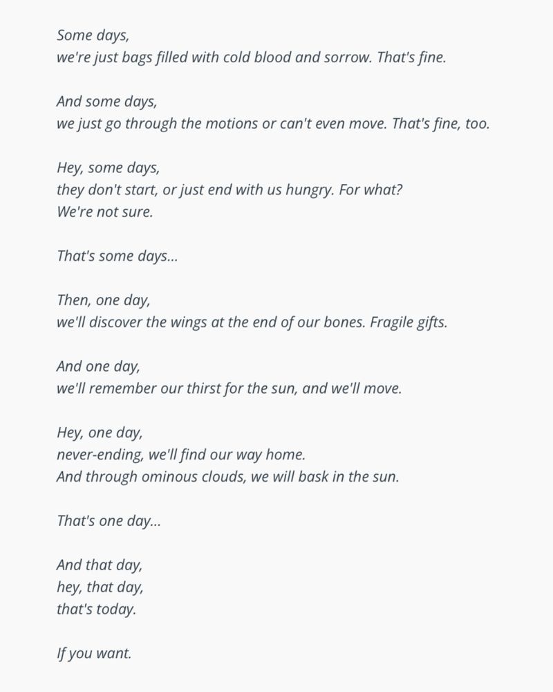 A poem:
Some days,
we're just bags filled with cold blood and sorrow. That's fine.

And some days,
we just go through the motions or can't even move. That's fine, too.

Hey, some days,
they don't start, or just end with us hungry. For what?
We're not sure.


That's some days...


Then, one day,
we'll discover the wings at the end of our bones. Fragile gifts.

And one day,
we'll remember our thirst for the sun, and we'll *move*.

Hey, one day,
never-ending, we'll find our way home.
And through ominous clouds, we will bask in the sun.


That's one day...


And that day,
hey, that day,
that's today.

If you want.