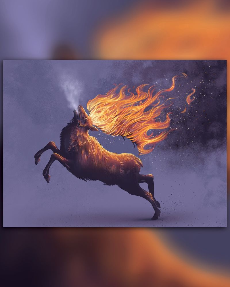 This is a print of an elk, running with its antlers on fire, over a purple background.
