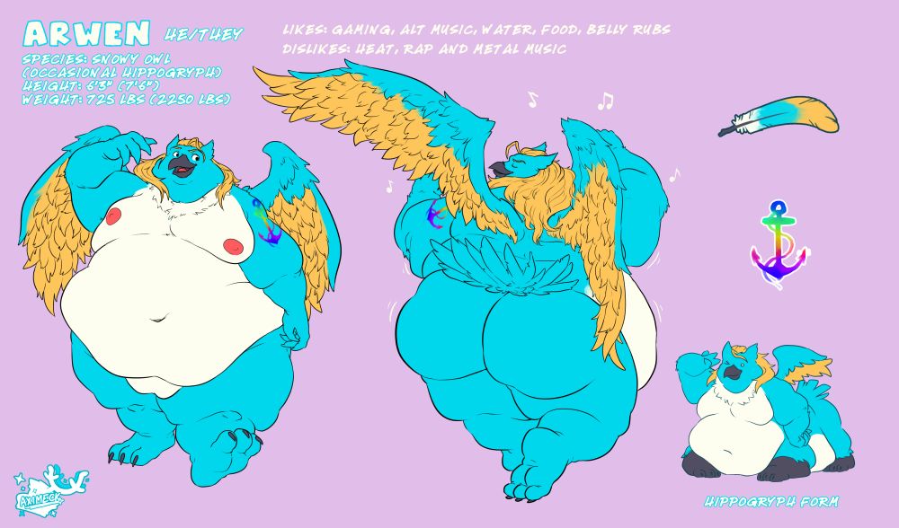 Base ref sheet of a snowy owl/hippogryph
Arwen (he/they)
Height: 6'5"/7'6"
Weight: 725 lbs/2250 lbs
Likes: Gaming, Alt Music, Water, Food, Belly Rubs
Dislikes: Heat, Rap and Metal Music
