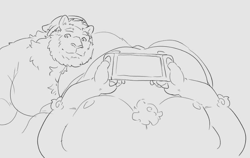 An anthro lion gently and slowly biting the POV anthro boar's leg