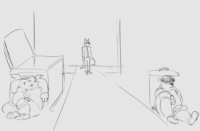 A dog anthro in a suit with a briefcase standing far away. A lion and another dog anthro hide behind garbage bins in an alleyway