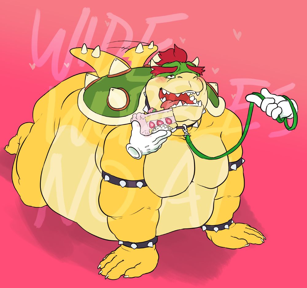 A fatter dragon turtle on his hands and knees on a leash and fed cake while wagging his tail