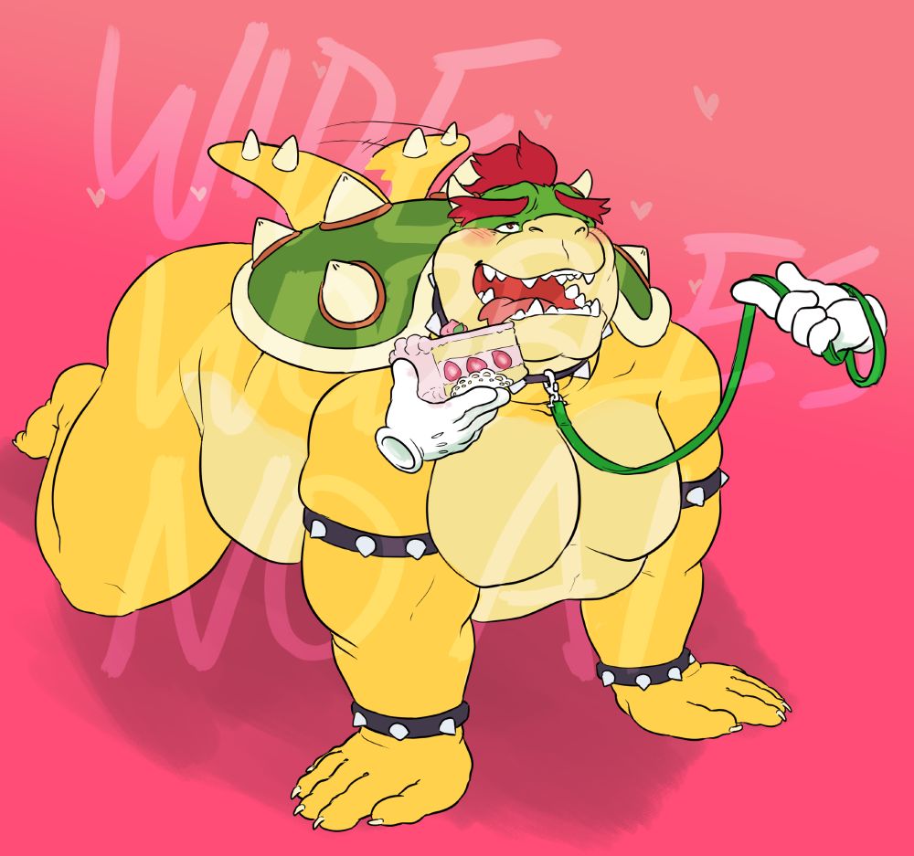 A dragon turtle on his hands and knees on a leash and fed cake while wagging his tail