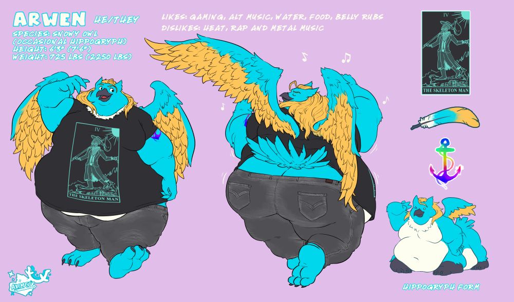 Clothed ref sheet of a snowy owl/hippogryph, wearing black jeans and a shirt that reads "The Skeleton Man"
Arwen (he/they)
Height: 6'5"/7'6"
Weight: 725 lbs/2250 lbs
Likes: Gaming, Alt Music, Water, Food, Belly Rubs
Dislikes: Heat, Rap and Metal Music