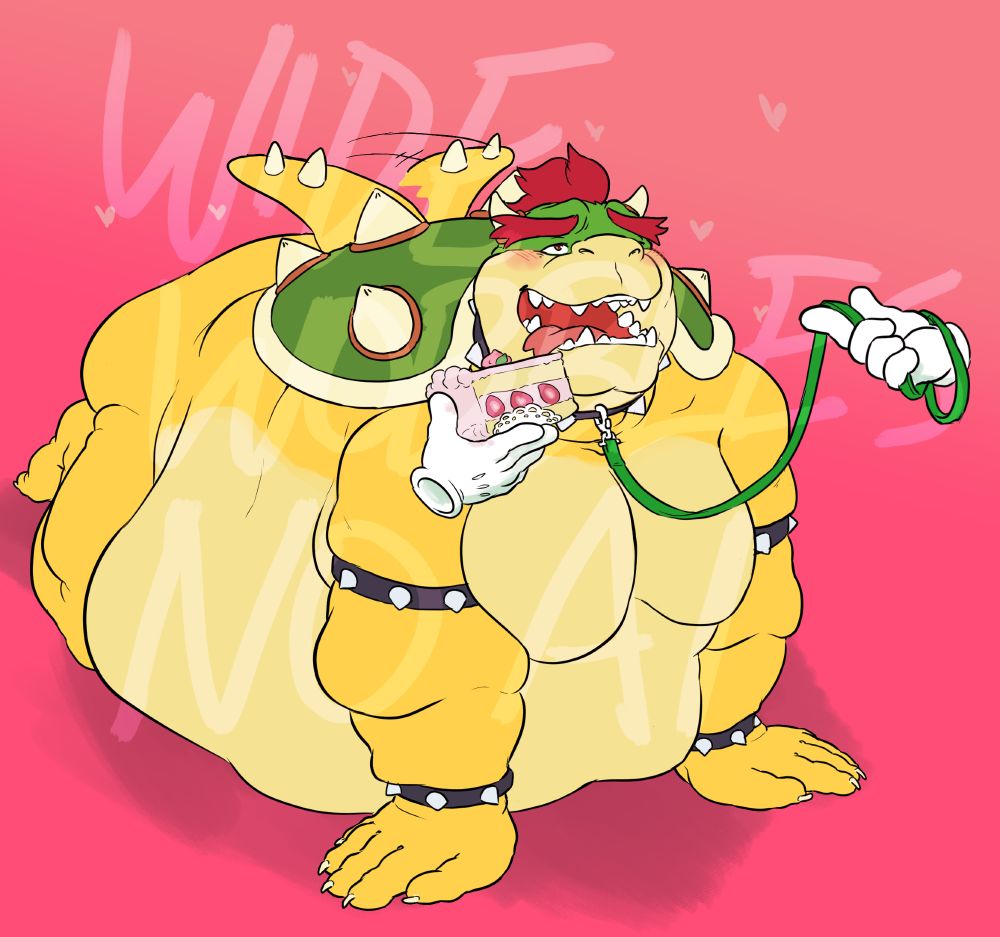 An obese dragon turtle on his hands and knees on a leash and fed cake while wagging his tail