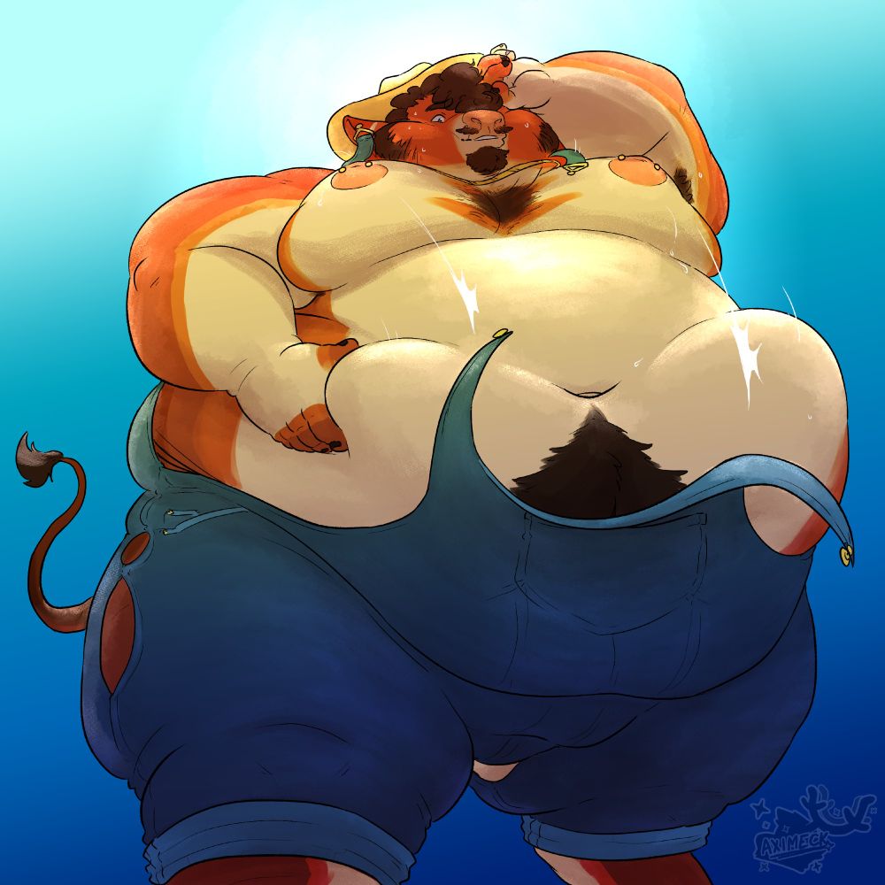 A fat anthro bull bursting out of overalls