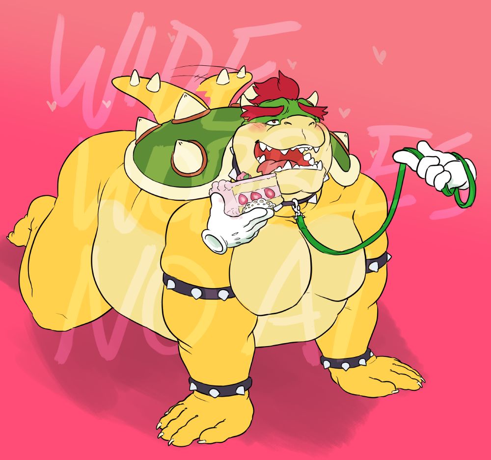 A chubby dragon turtle on his hands and knees on a leash and fed cake while wagging his tail