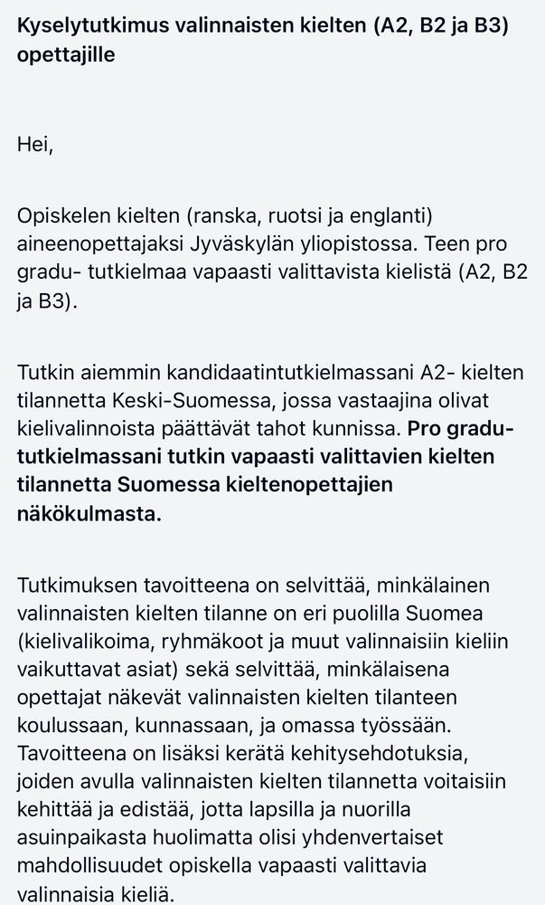 Kuvakaappaus kyselytutkimuksen saatekirjeestä