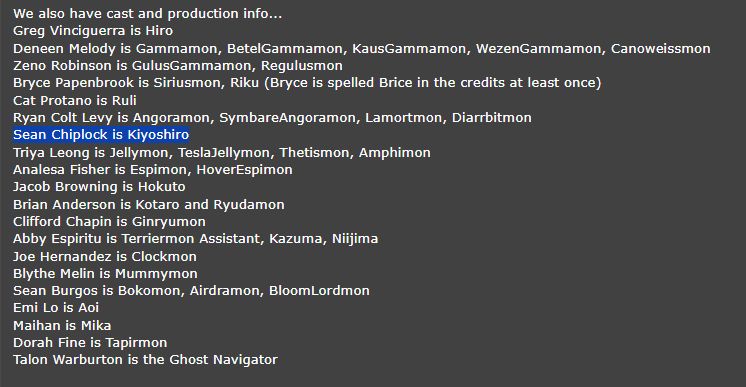 Cast and production info on each character.
Highlighted is "Sean Chiplock is Kiyoshiro"