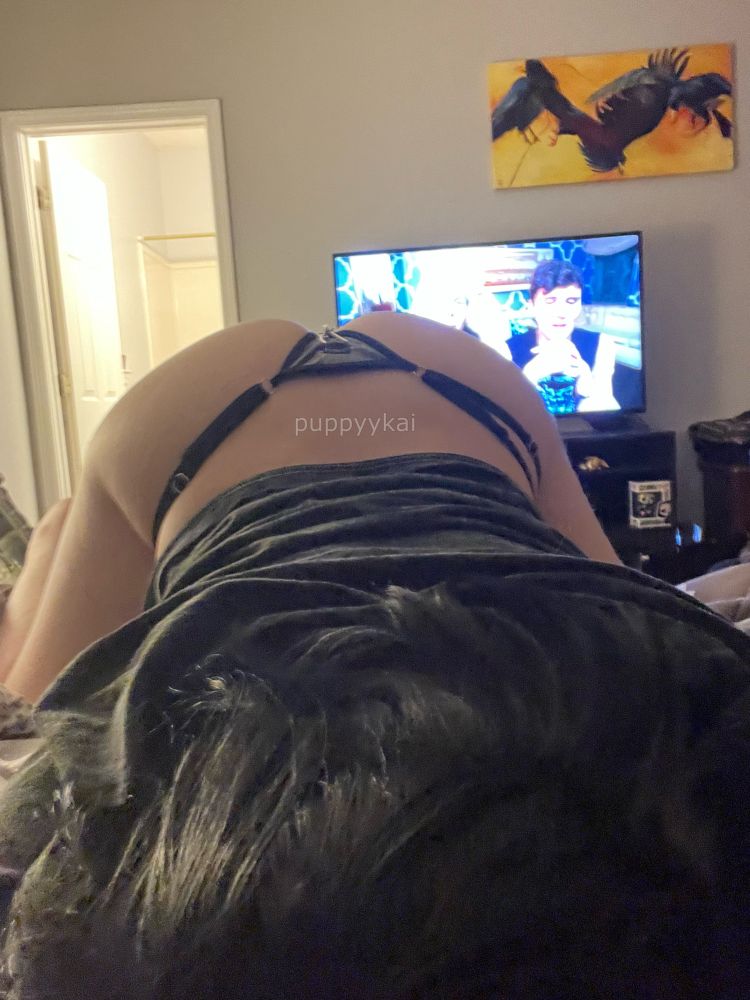puppy is arching, showing off his butt and the black thong he's wearing. his black t-shirt is gathered around his waist.