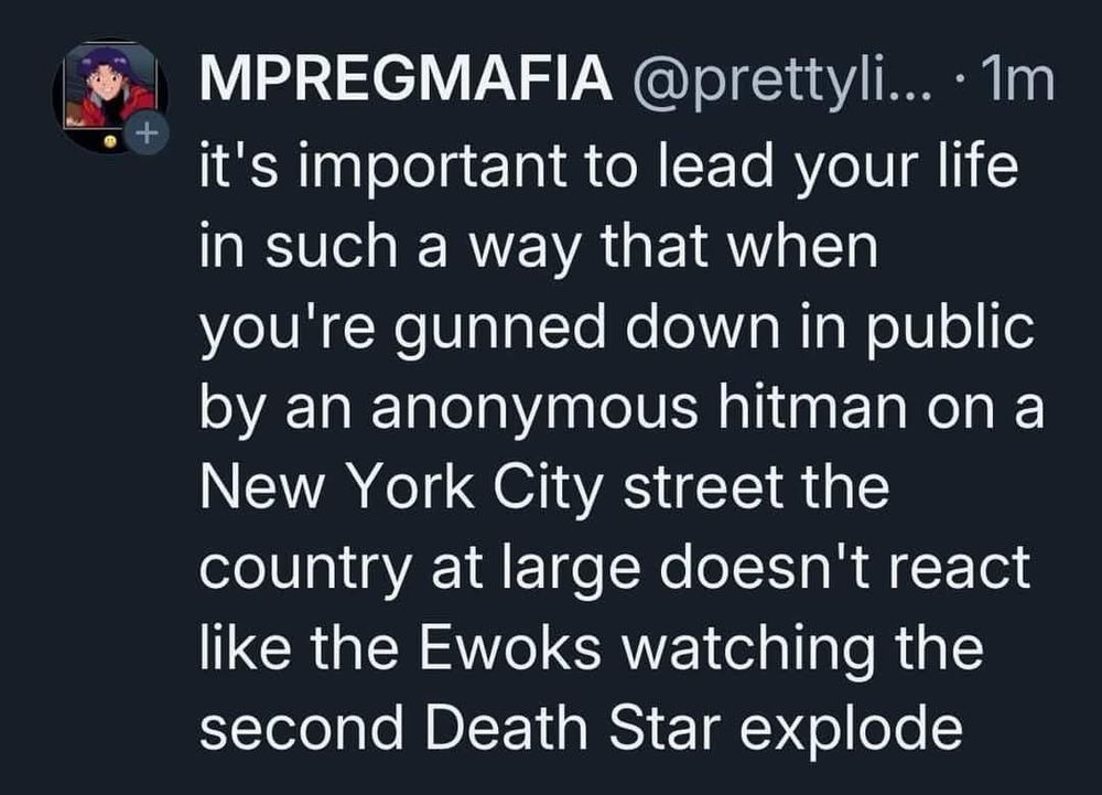 Text reads: It's important to lead your life in such a way, that when you're gunned down in public by an anonymous hitman on a New York City street, the country at large doesn't react like the Ewoks watching the second Death Star explode.