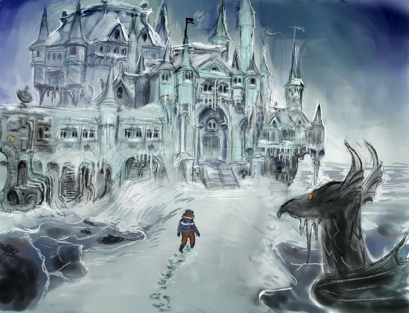 A palace in the snow with pipes and technology attached to it. A girl approaches.