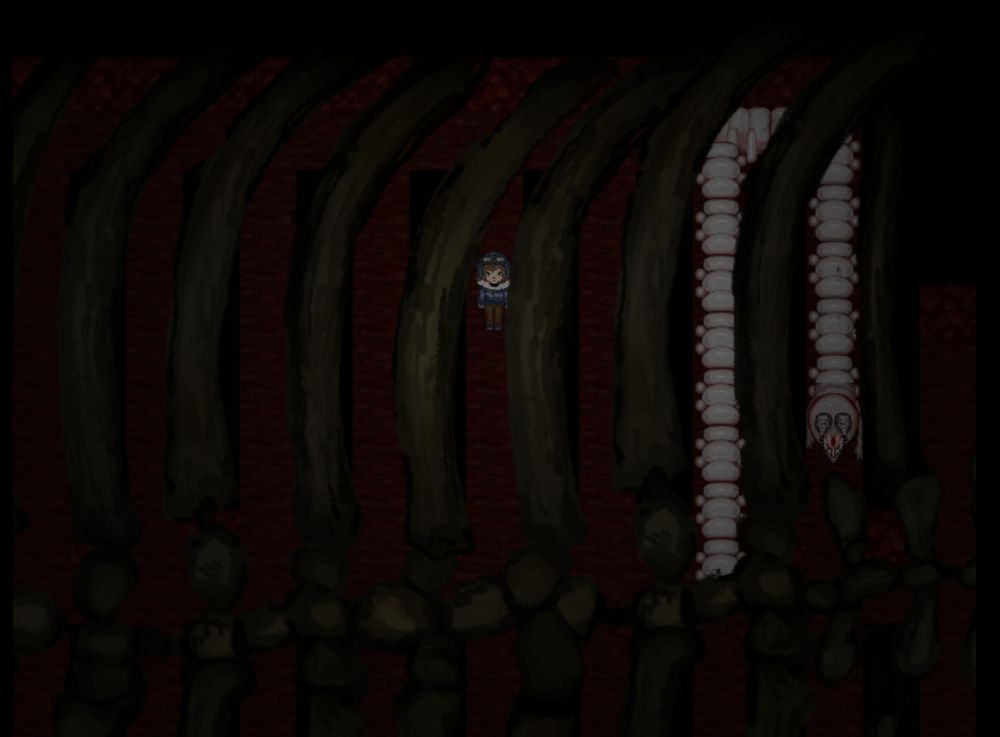 A top-down view of a fleshy environment through a ribcage. A girl stands to the left of a gigantic worm 