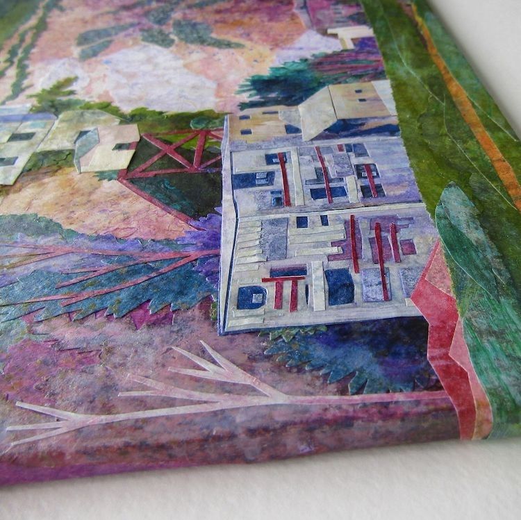 Close up detail of a small collage made of painted paper depicting a view of Shoreham Cement Works by Daniela Maria Gargiulo.