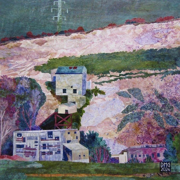 A small collage made of painted paper depicting a view of Shoreham Cement Works with its delapidated industrial buildings at Beeding Chalk Pit by Daniela Maria Gargiulo.