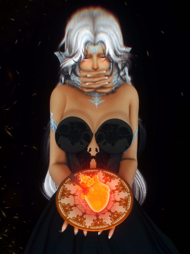 Sila, raen au ra, stands in a black dress with a black background behind her. She holds a plate with a glowing orange heart on it. There is a fork stabbed through it. She is crying while there are hands reaching from behind her covering her mouth.