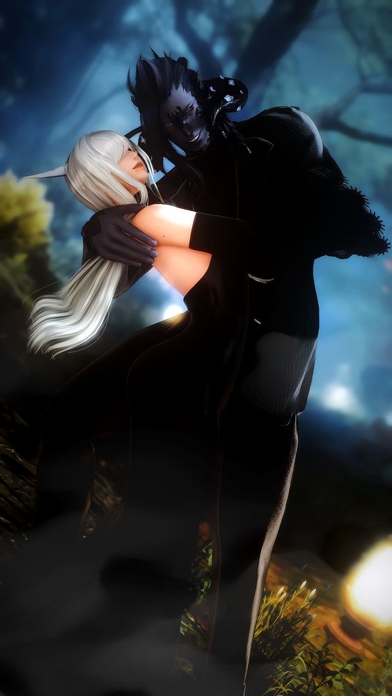 Rhenia (padjal), and Urus (xaela au ra) are dressed like Morticia and Gomez Addams whilst dancing(?) in a foggy, dark yet illuminated path. Urus is dressed in a black suit with (unseen) pinstripes and dipping down Rhenia as if they were in a dance. Her smiles towards the camera. Rhenia stands in his arms, bent back slightly with one hand in Urus' hand and her hair and neck curling around his other arm. 