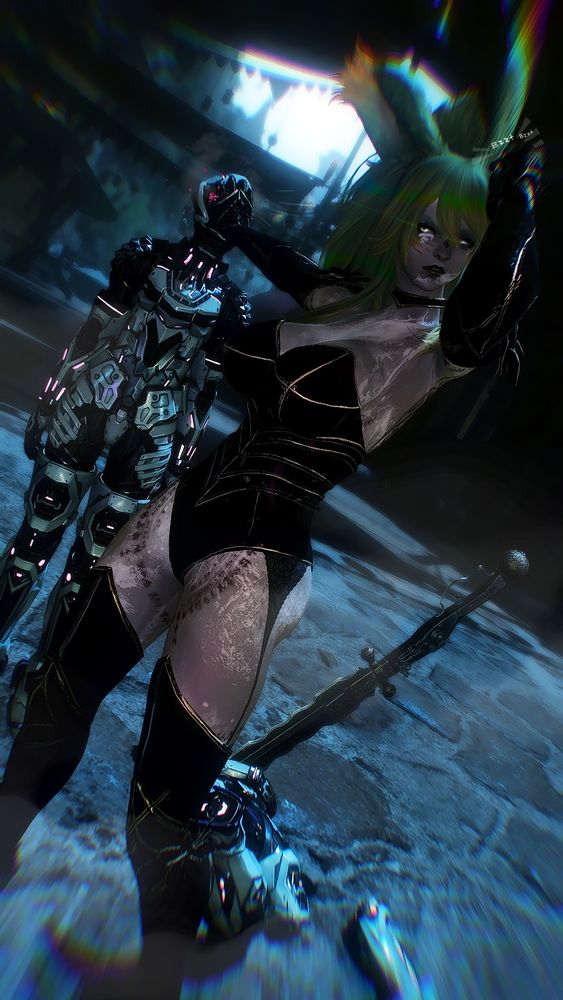 Asel, viera, stands in the middle of a desolate Tuliyollal. there is a bit of a haze. She stands in a set of one-piece armor that shows off her thighs and chest. One arm is pulled up to her ear, the sfx "bzzt bzzt" coming from the area near her fingers, indicating her Link Pearl going off. Her other arm is behind her, gripping the face of a S9 machine/guard/robot and crushing the glass faceplate. It is now limp in her hand. Another guard lies in pieces next to her feet, its leg torn off and separated. Her face looks annoyed. 