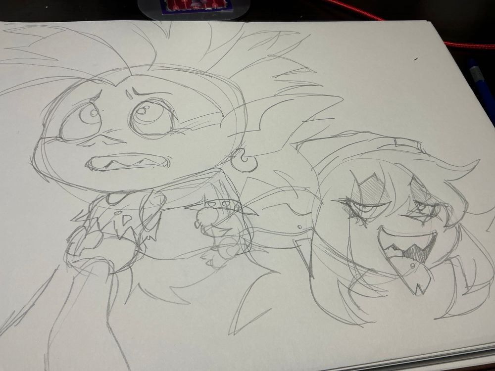 On the left is a sketch of Barb looking frightened, looking upward. On the right crash is sketched looking playful with a grin and her tongue sticking out lazily.

