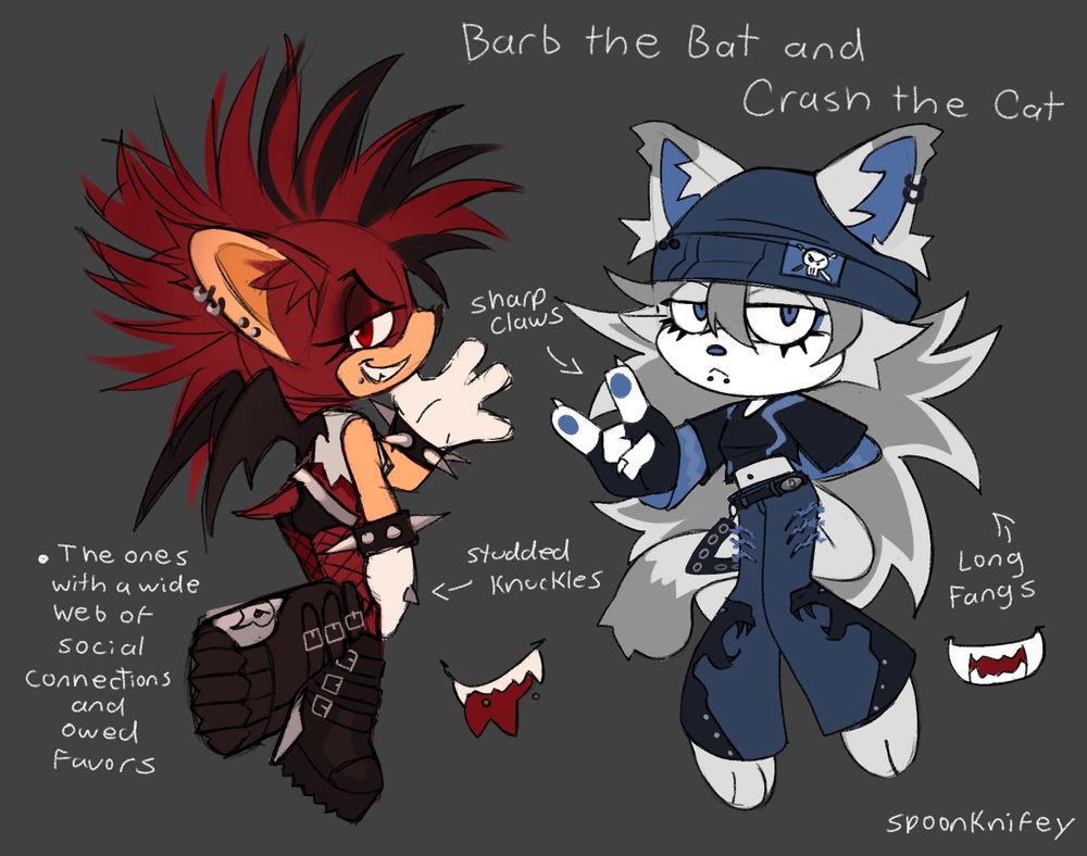 Barbs design as a sonic style bat (on the left) and crash as a sonic style cat (on the right). Barb has her usual outfit, she’s colored red and has white gloves to better fit Sonic’s style. Black highlights streak her Mohawk.

Crash is a white and grey cat that has blue accents. She wears a blue beanie, a dark crop top with a lighter blue long sleeve underneath, and baggy blue jeans with jaguars silhouettes stitched into the sides. 

Both have piercings. 

Information written on the sides states that Barb has studded silver knuckles on her gloves and a tongue piercing. On the right, it states crash has long fangs and sharp teeth.

Their combined fact reads “The ones with a wide web of social connections and owed favors” 