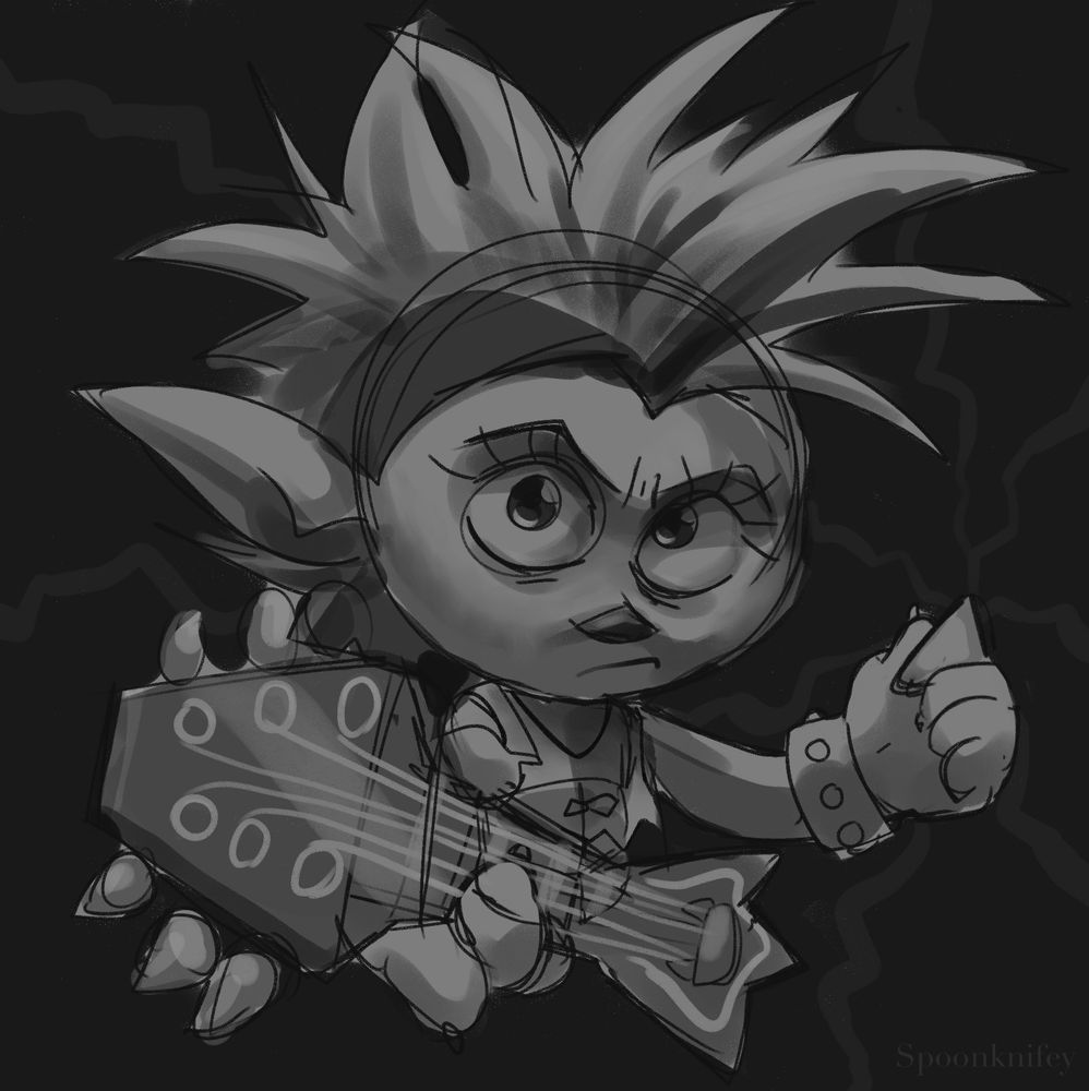 Barb holding her guitar pick menacingly as she stares pointedly at the viewer over a dark background. The sketch is done digitally in different shades of grey 