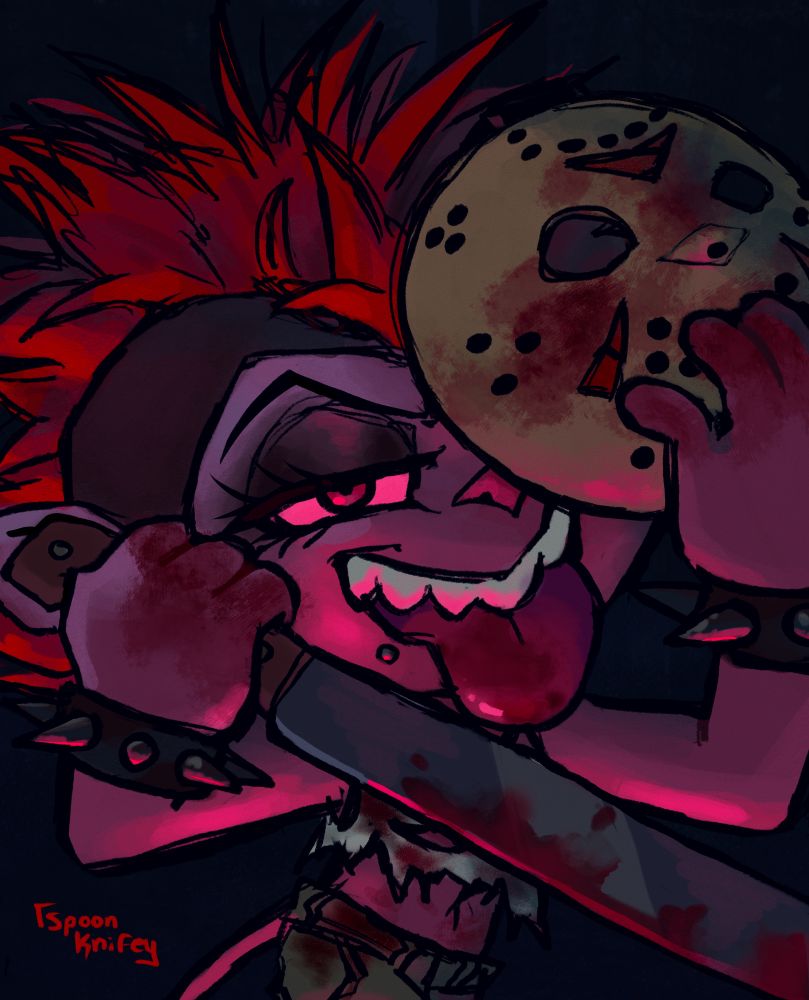 Barb looks confident and dangerous, she bears a machete in the right hand and a Jason mask in her left hand. The mask covers one of her eyes as she lifts it, her head tilted slightly. Blood coats her tongue and her blade, watch out… 