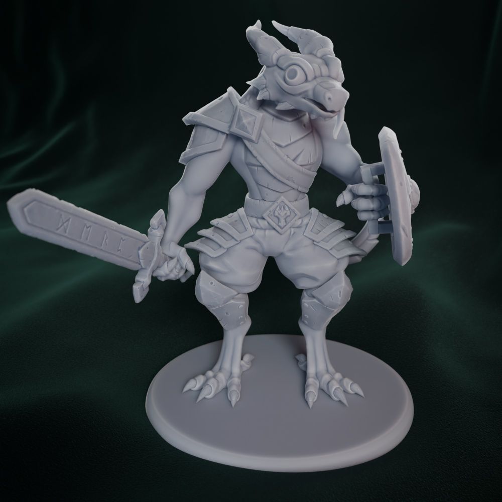 3D render of a dragonborn with silly and lost face, tongue out, big sword on the right hand and a shield on the left one.