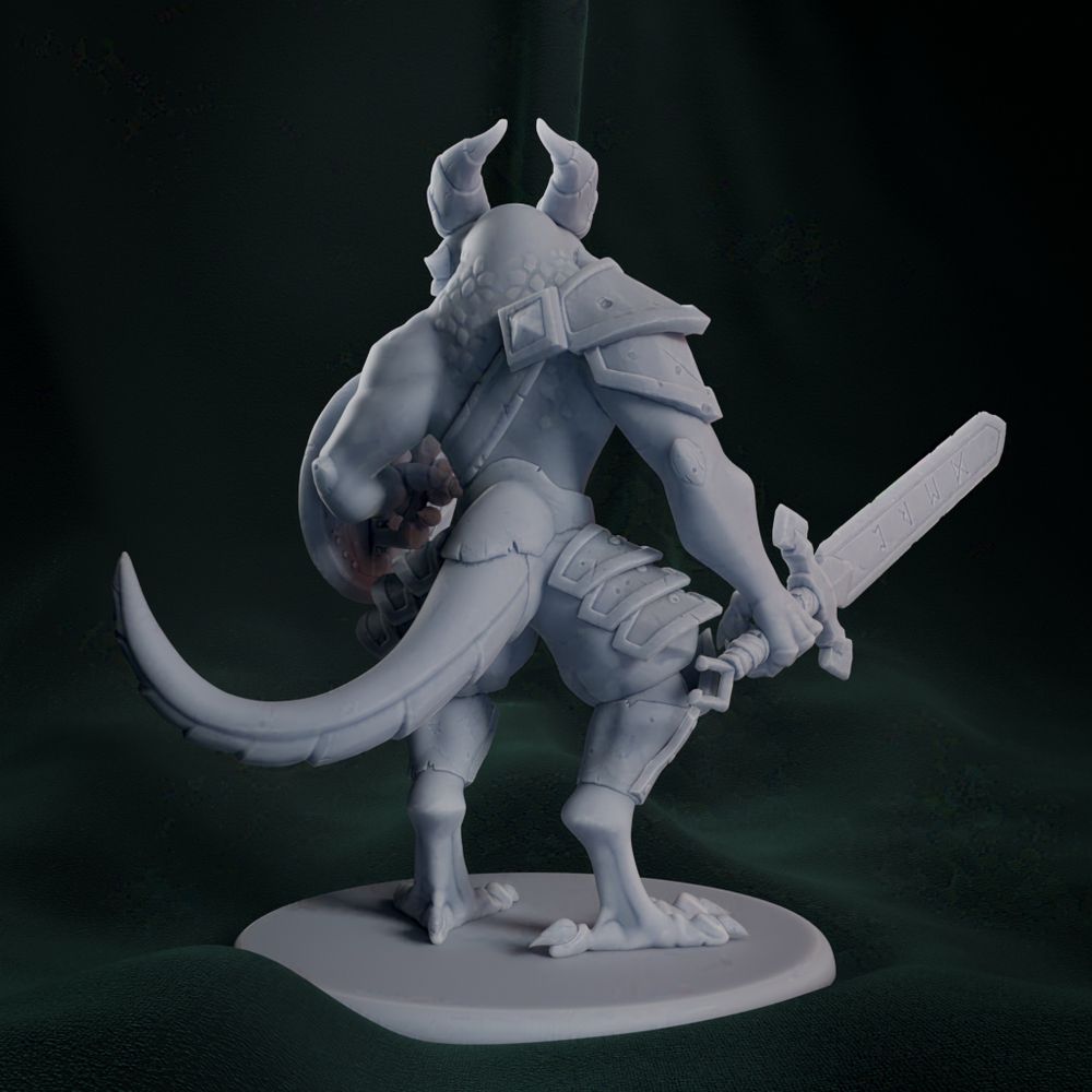 Dragonborn figure from behind showing of its tail, shoulder and leg knight armor and its sword on the right hand