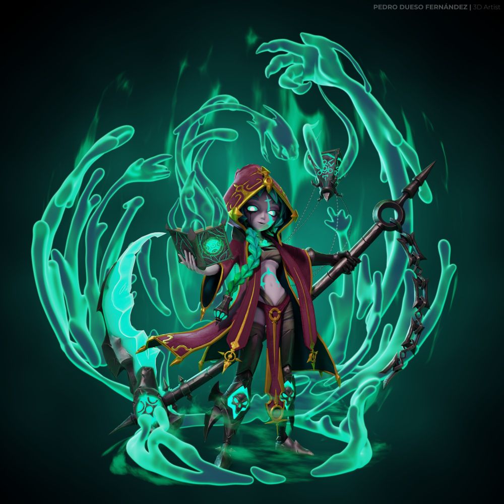 3D art of a necromancer surrounded by a lo liquid a green liquid forming hands and beasts. She has a book on the right hand and a scythe on the left