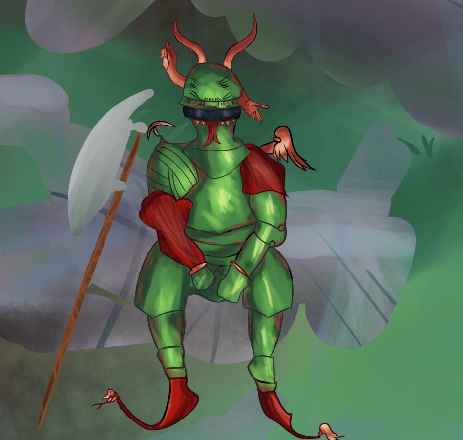 A close up of the armoured person in green armour with imp/devil decoration sat next to their lochaber ax. Sat upon a rock.