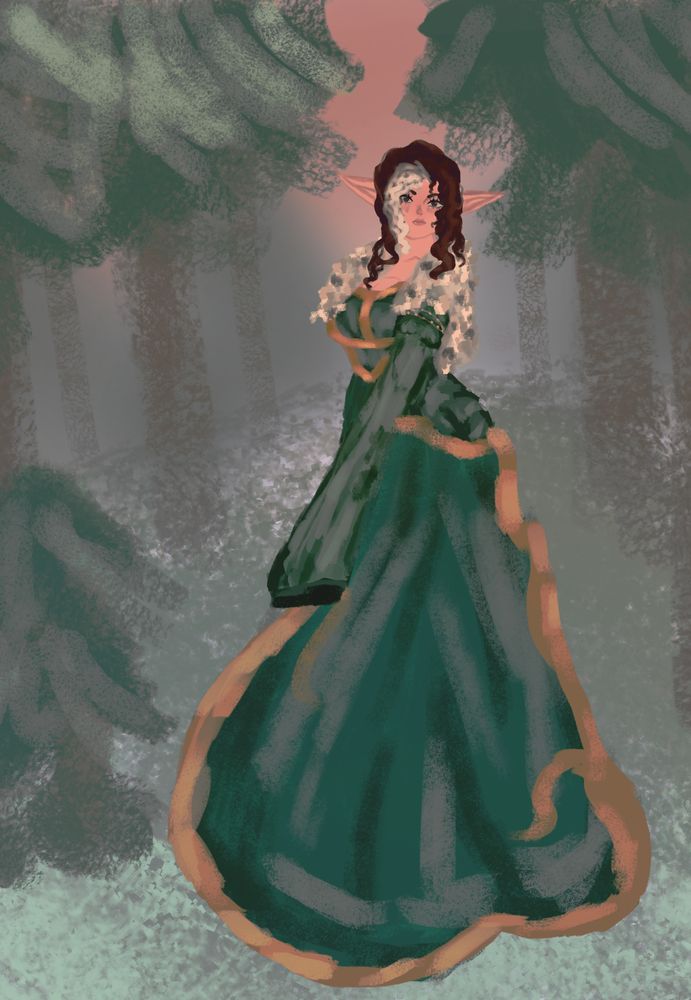 A drawing of an Elf woman wearing a green gown with ermine fur in a winter scene. 