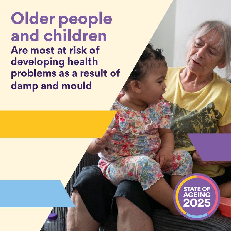 older people and children are most at risk of developing health problems as a result of damp and mould. A photo is seen of an older woman with her granddaughter on her lap.