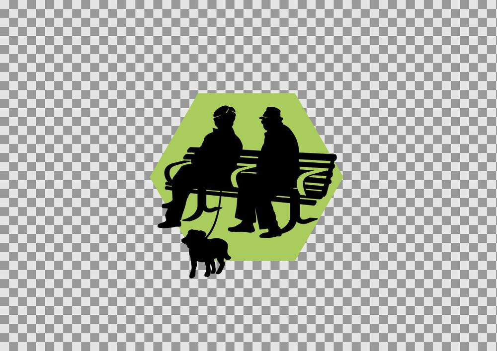 An age-positive icon showing two older people chatting on a park bench and walking a dog