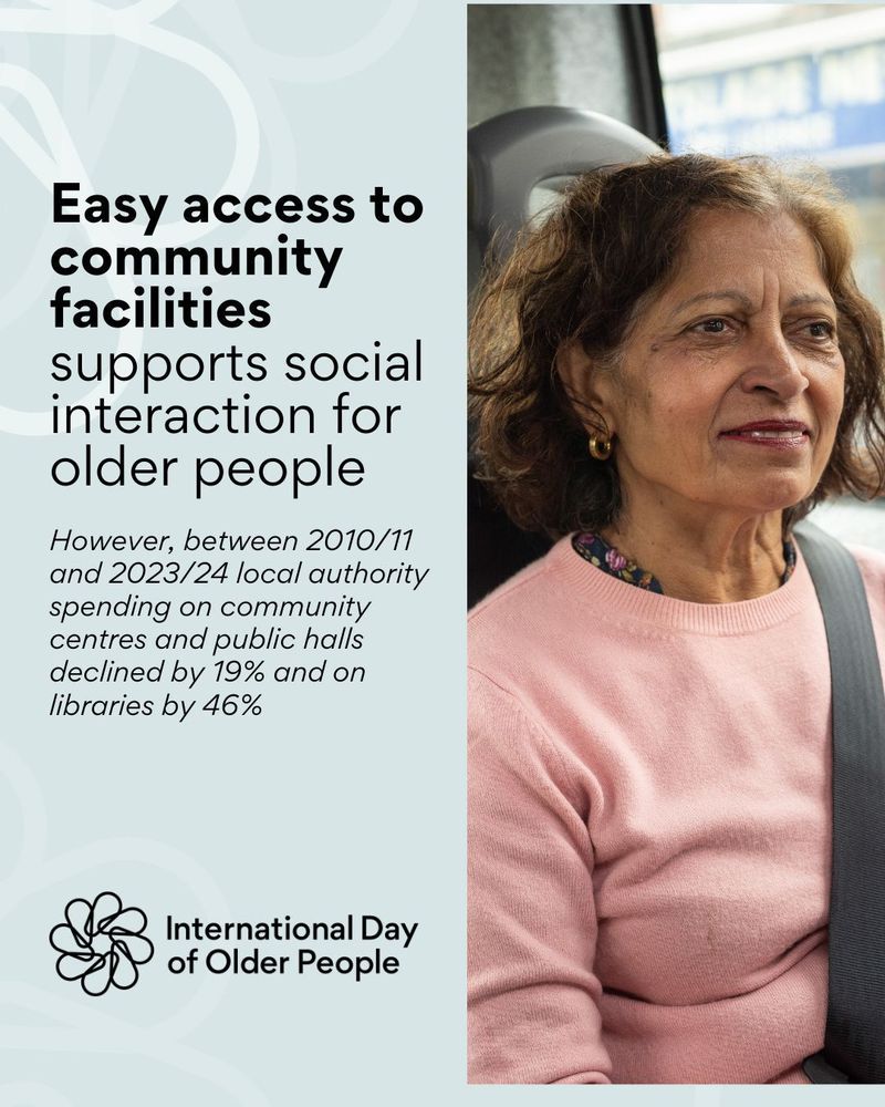 Easy access to community facilities supports social interaction for older people however, between 201-/11 and 2023/24 local authority spending on community centres and public halls declined by 19% and on libraries by 46%. There is a photo of an older woman smiling on a bus.