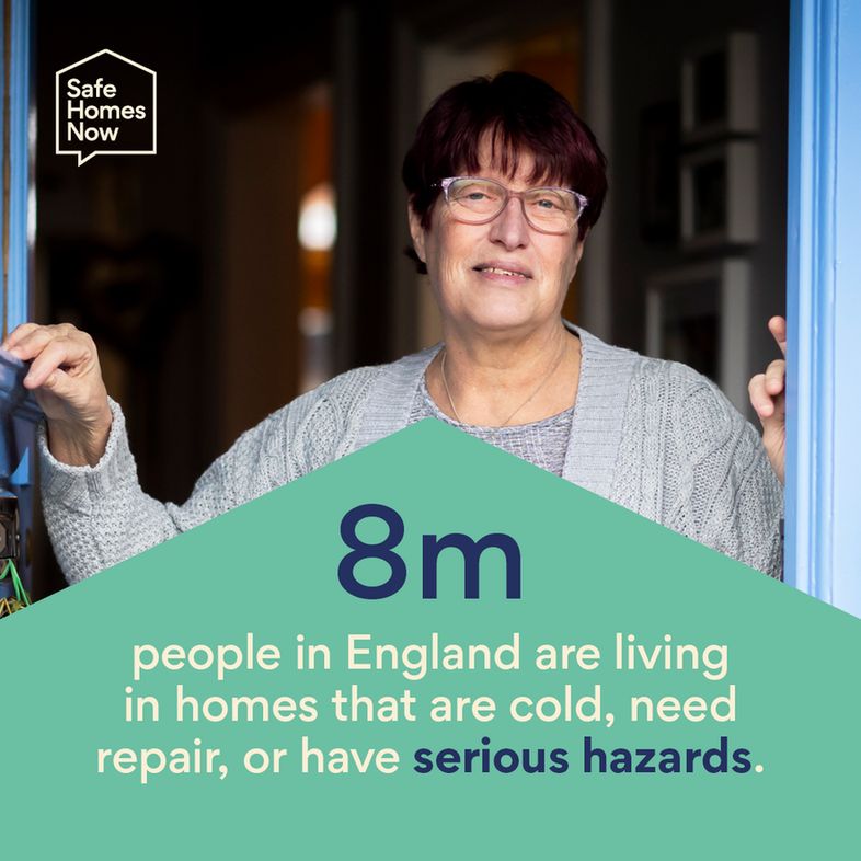 An infographic of an older woman wearing glasses and a grey cardigan standing in her house doorway with text reading 8m people in England are living in homes that are cold, need repair or have serious hazards.