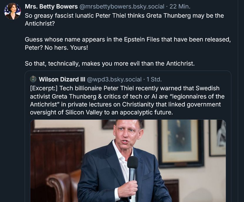 Bild eines Postings in Bluesky mit der Erörterung von Peter Thiels religiösem Wahn und seiner Bosheit