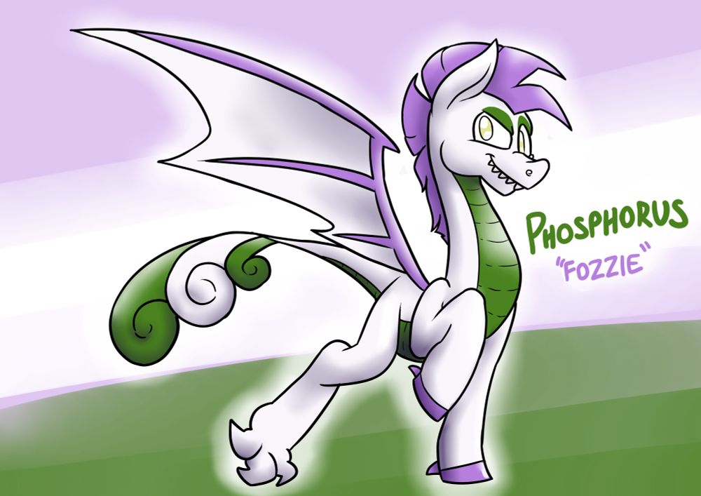 A white dragon with green belly scales and green eyeshadow. He has purple hair on his head, and swirly green and white hair on his tail. His back feet are dragon claws, while his front feet are spiked hooves.